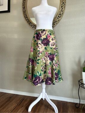 Coldwater Creek Olive Green Floral Circle Skirt with Purple Blooms